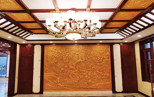 凉山中式别墅客厅中式木作横梁吊顶装饰展示